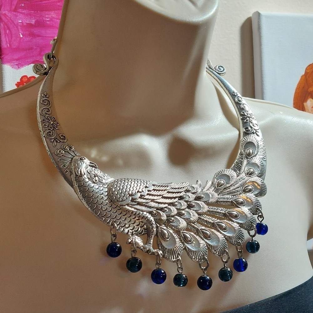 Bohemian Peacock Bird Silver Tone Chunky Bib Statement Collar Necklace - Picture 3 of 6